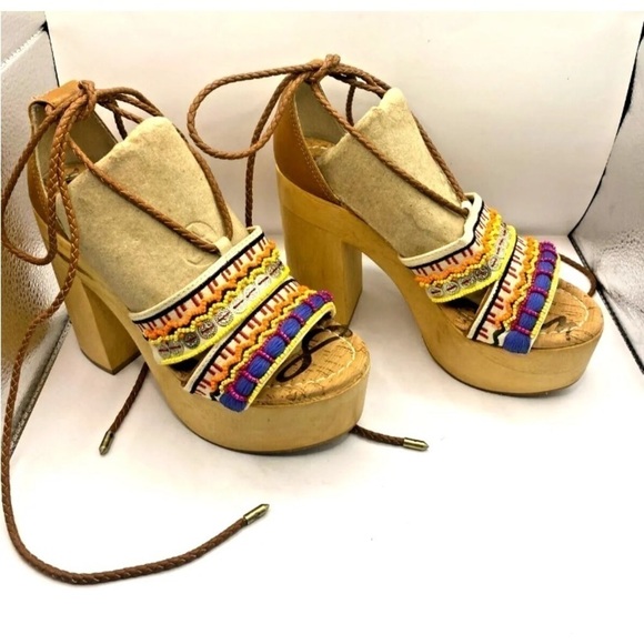 New Women Sam Edelman Sz 6 Mel Platform Sandal Wooden Beaded Multi Color Lace Up - Picture 2 of 7